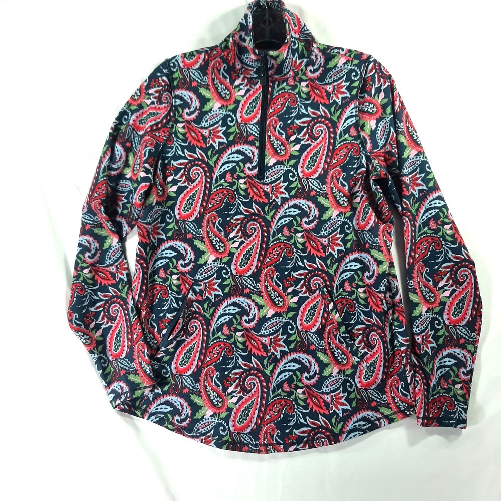 Kasper Womens Navy Red Paisley Mock Neck Quarter Zip Long Sleeve Top